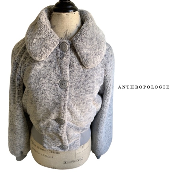 Anthropologie Z Supply Faux Fur Bomber Jacket Button Down Fuzzy Teddy Grey - SM - Picture 1 of 10